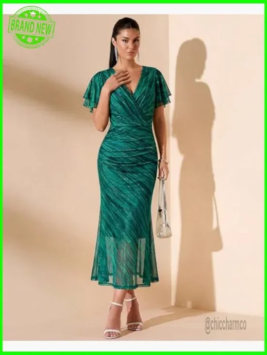 Floral Mesh Maxi Dress Ruched Ruffle Sleeve Bodycon Wedding Guest Cocktail - Picture 3 of 7